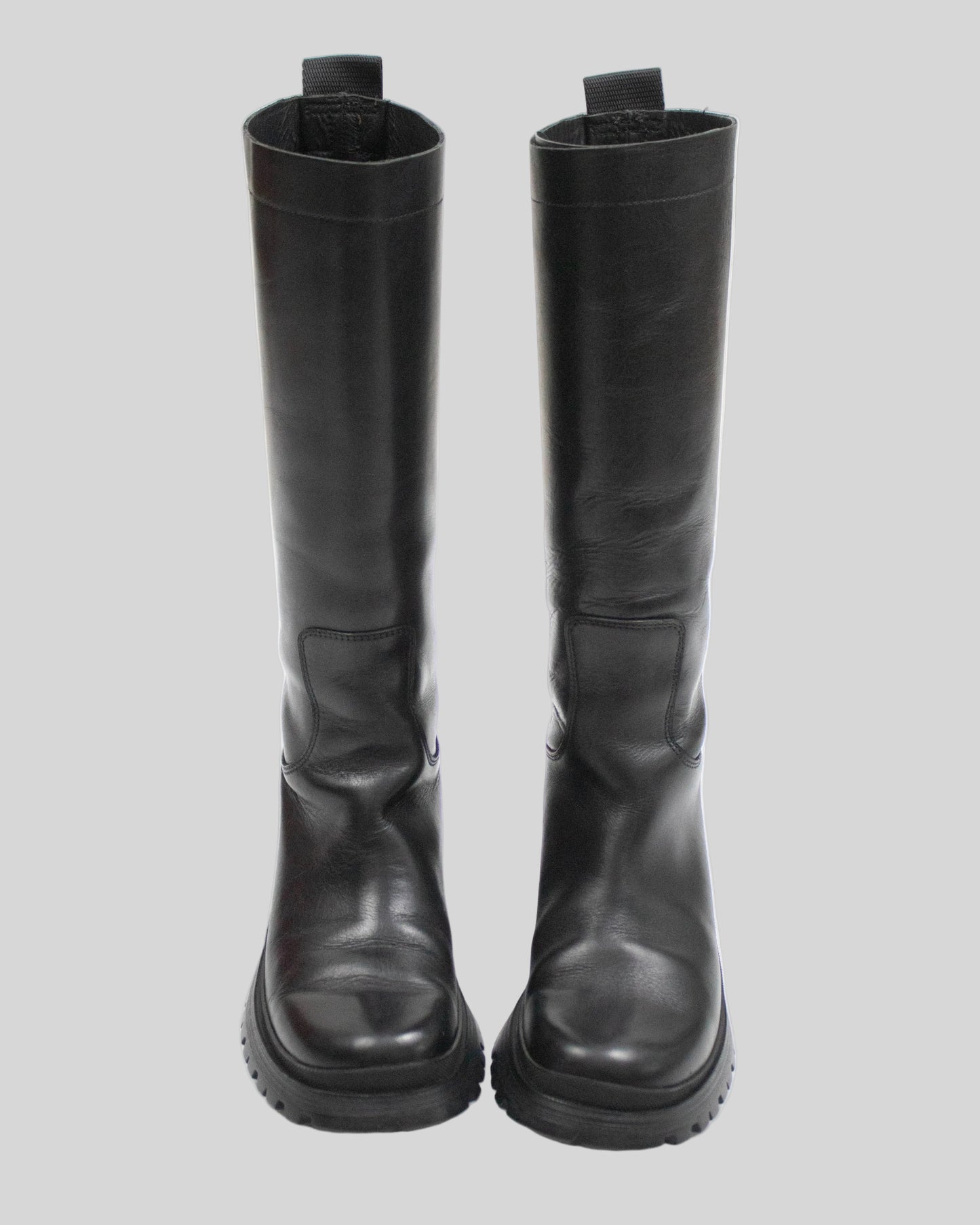 Prada 2004 Black Lug Sole Boots front view
