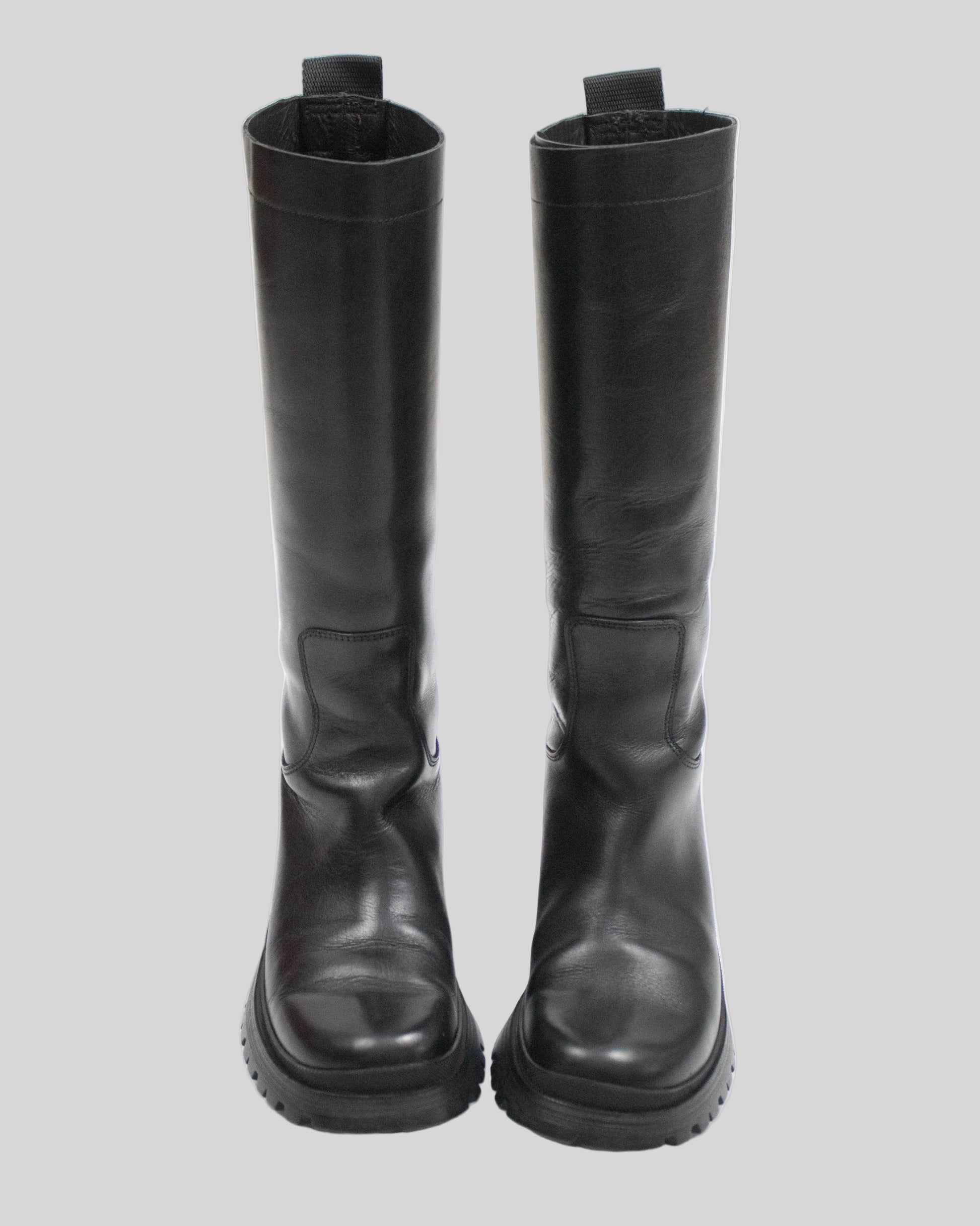 Prada 2004 Black Lug Sole Boots front view