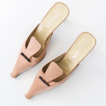 Vintage 2000s Prada Nude Satin Pointed Toe Flared Kitten Heel Mules / 37.5 (US 7.5)