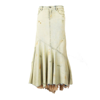 Vintage Ralph Lauren Layered Distressed Denim Long Asymmetric Maxi Skirt / S