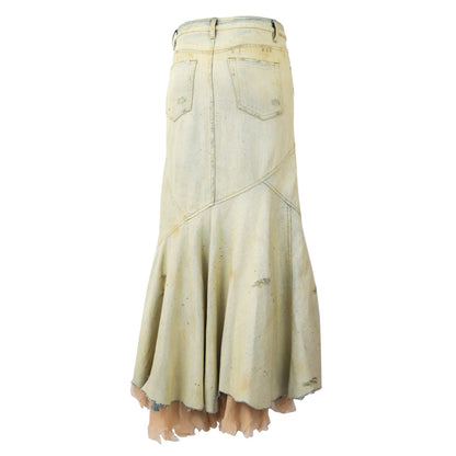 Vintage Ralph Lauren Layered Distressed Denim Long Asymmetric Maxi Skirt / S