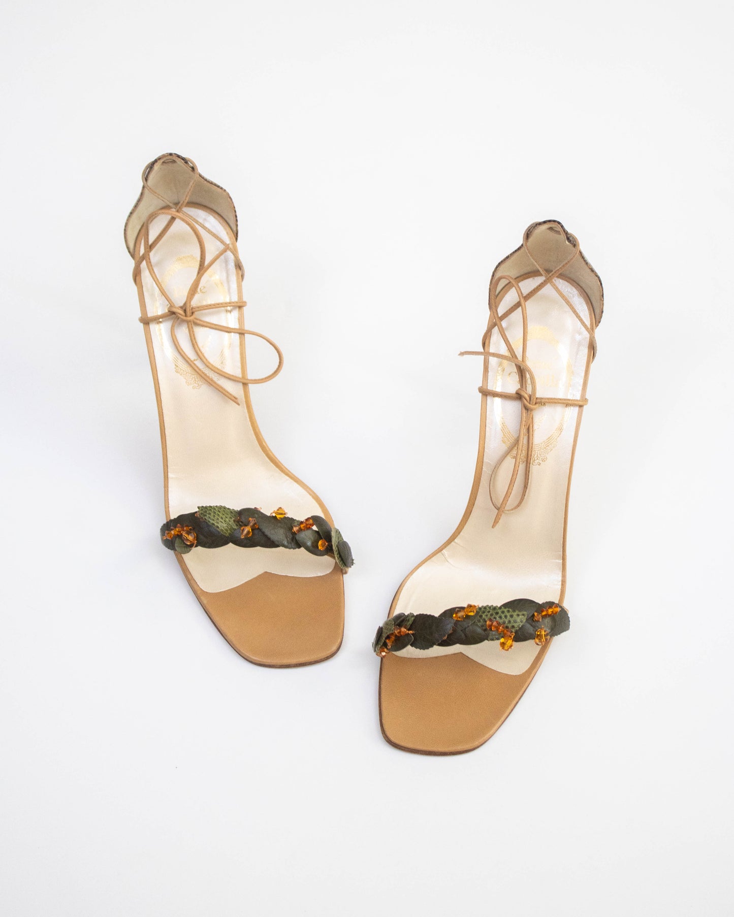 Vintage Rene Caovilla Green Leaf Vine Ankle Wrap Sandals / 38.5 (US 8.5)