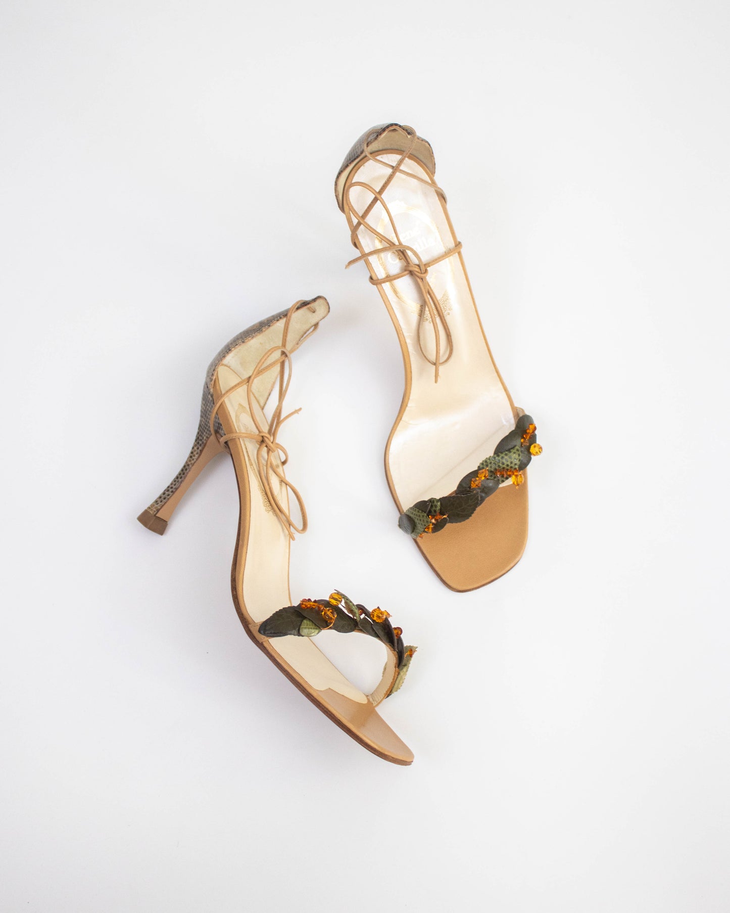 Vintage Rene Caovilla Green Leaf Vine Ankle Wrap Sandals / 38.5 (US 8.5)