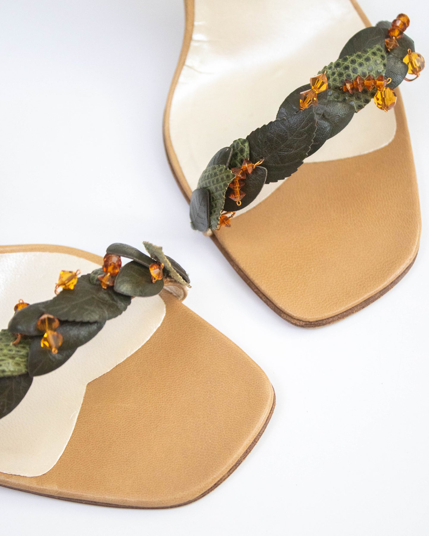 Vintage Rene Caovilla Green Leaf Vine Ankle Wrap Sandals / 38.5 (US 8.5)