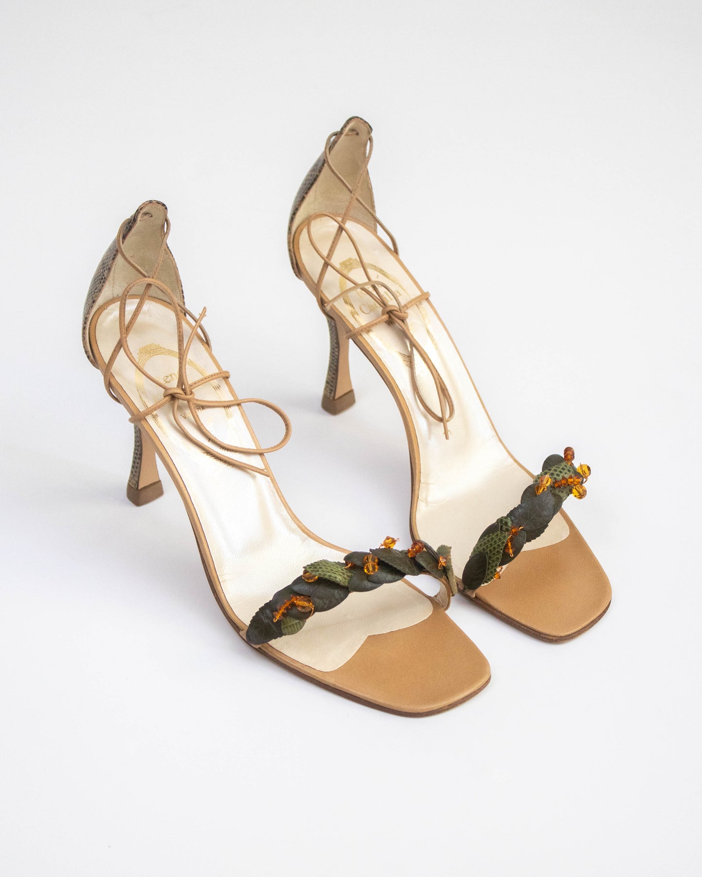 Vintage Rene Caovilla Green Leaf Vine Ankle Wrap Sandals / 38.5 (US 8.5)