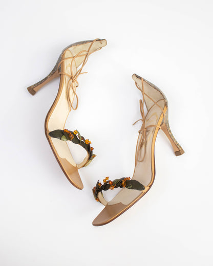 Vintage Rene Caovilla Green Leaf Vine Ankle Wrap Sandals / 38.5 (US 8.5)