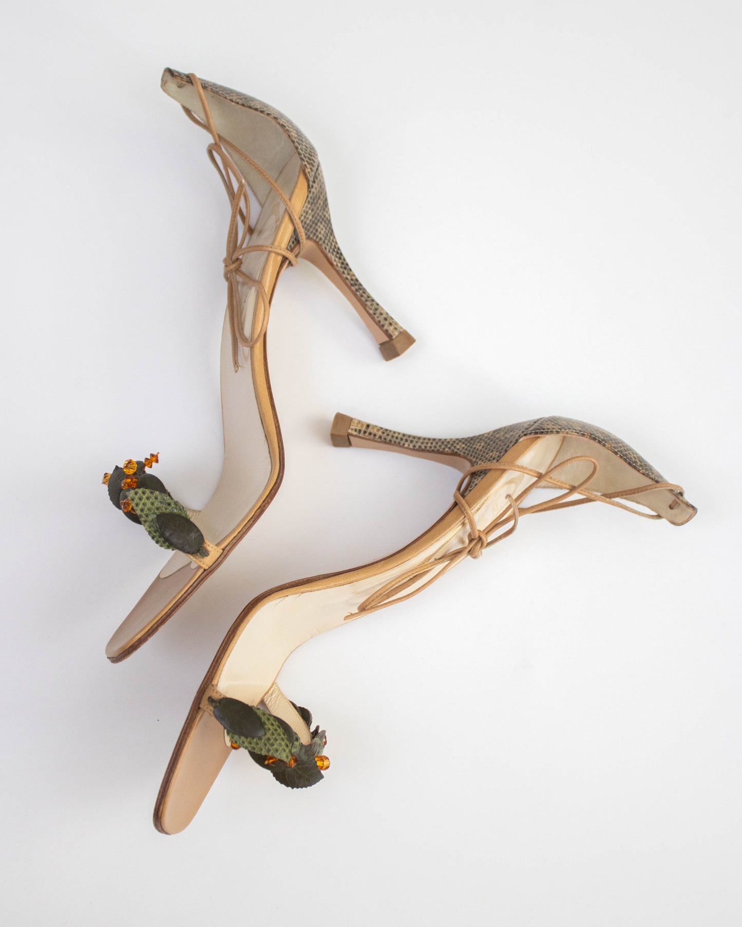 Vintage Rene Caovilla Green Leaf Vine Ankle Wrap Sandals / 38.5 (US 8.5)