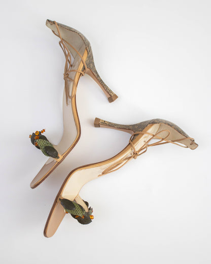 Vintage Rene Caovilla Green Leaf Vine Ankle Wrap Sandals / 38.5 (US 8.5)