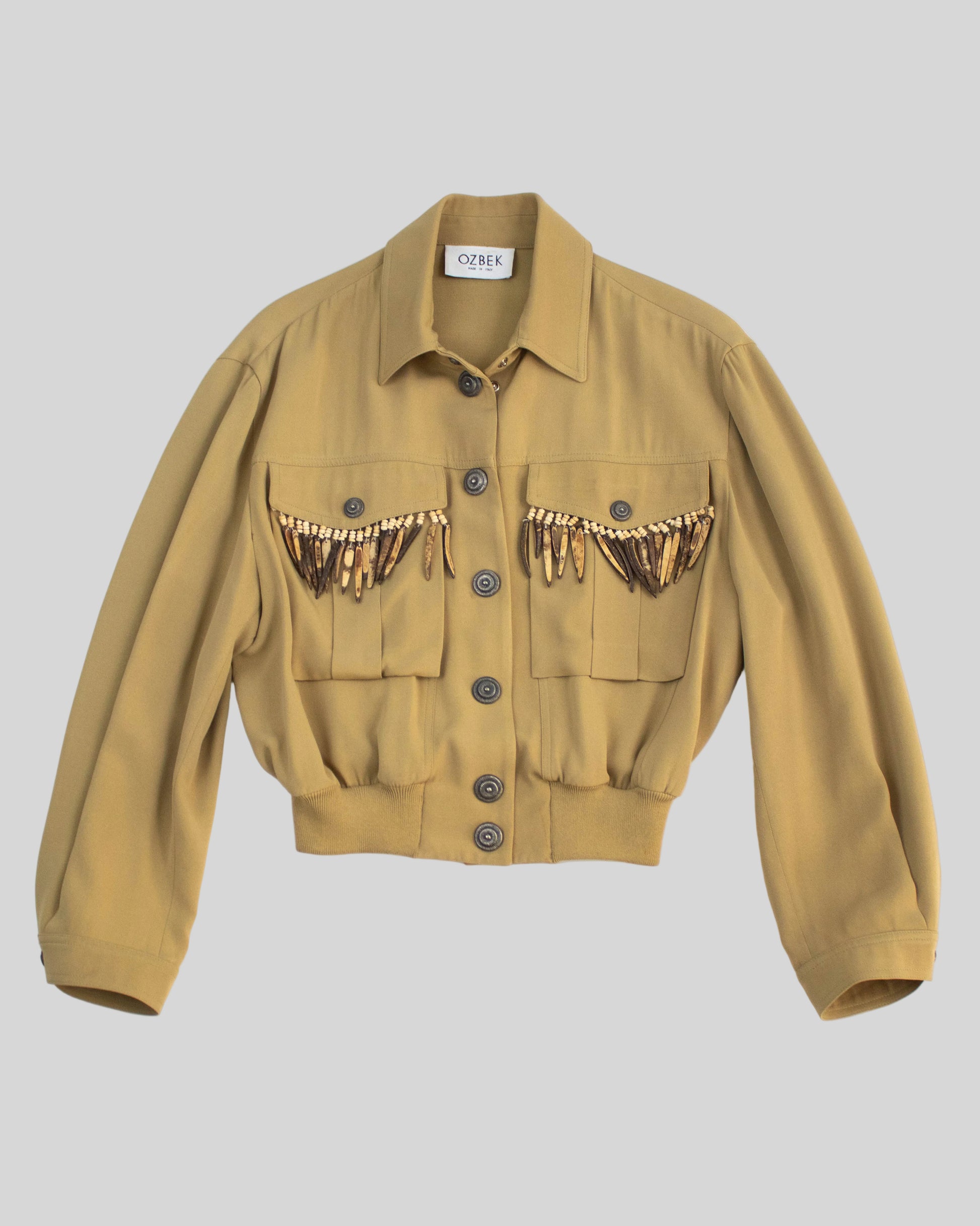 Brown RIfat Ozbek jacket with decorative elements on a white background