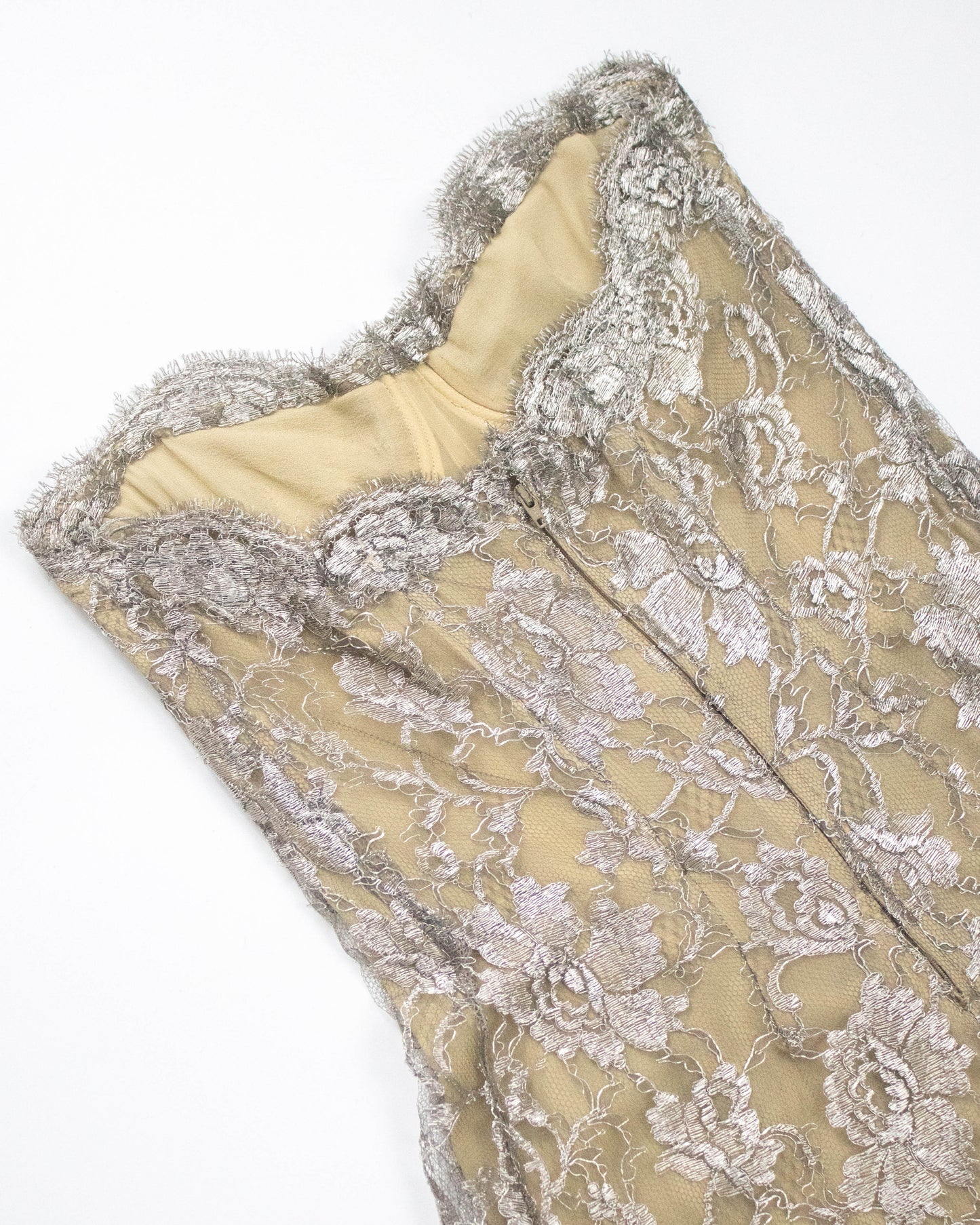 Vintage S/S 1992 Calvin Klein Collection Silver Lace Silk Runway Dress / XS-S