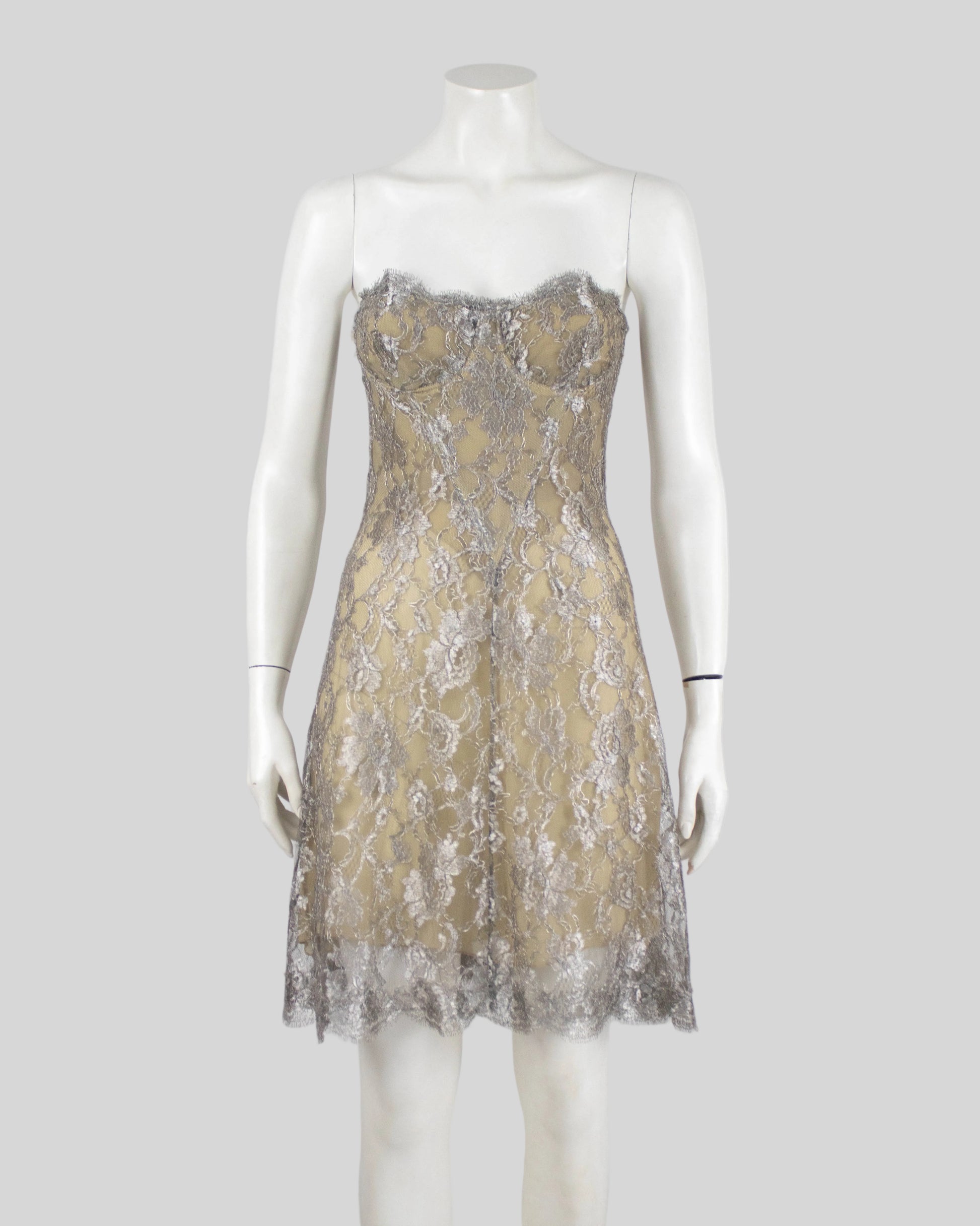 Vintage S/S 1992 Calvin Klein Collection Silver Lace Silk Runway Dress tseskarb Vintage S/S 1992 Calvin Klein Collection Silver Lace Silk Runway Dress tseskarb
