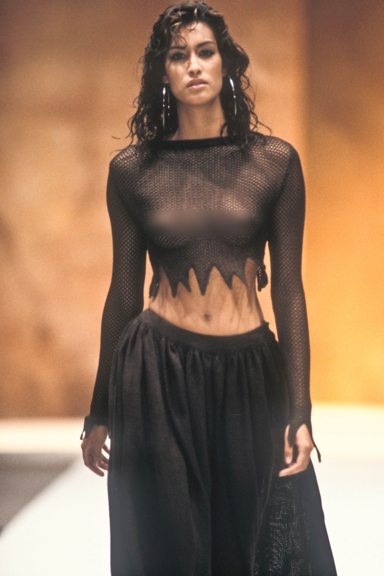 Vintage S/S 1994 Rifat Ozbek Brown Fishnet Dress Silk Maxi Slip Set / S-M