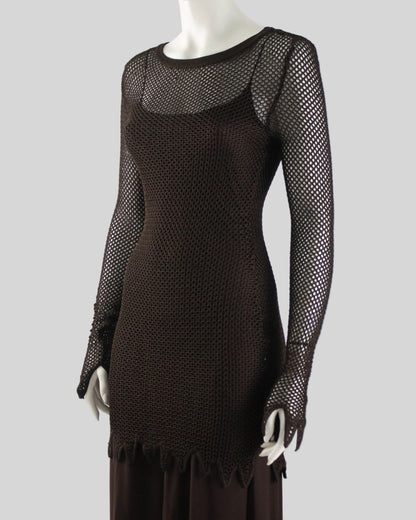 Vintage S/S 1994 Rifat Ozbek Brown Fishnet Dress Silk Maxi Slip Set / S-M