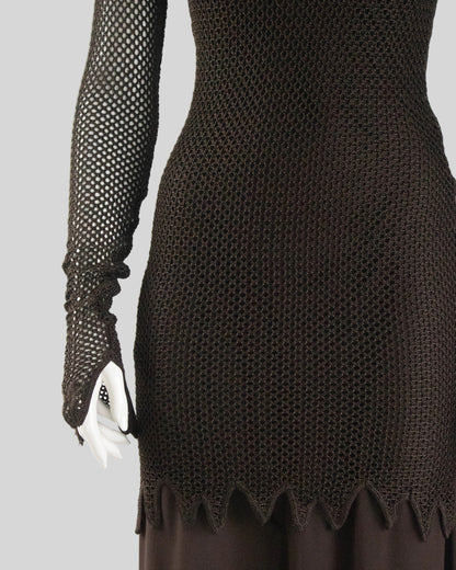 Vintage S/S 1994 Rifat Ozbek Brown Fishnet Dress Silk Maxi Slip Set / S-M