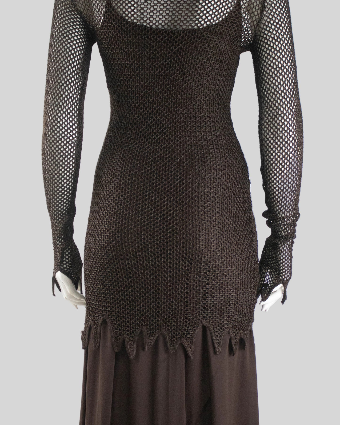 Vintage S/S 1994 Rifat Ozbek Brown Fishnet Dress Silk Maxi Slip Set / S-M