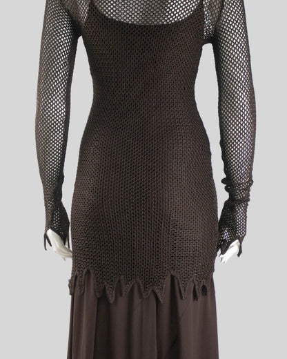 Vintage S/S 1994 Rifat Ozbek Brown Fishnet Dress Silk Maxi Slip Set / S-M