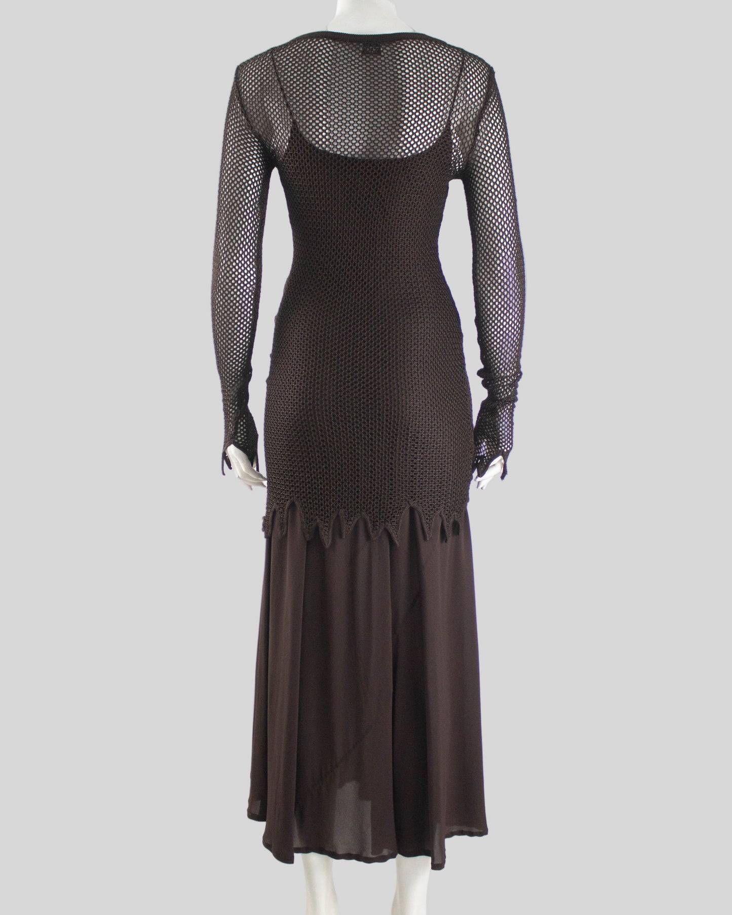 Vintage S/S 1994 Rifat Ozbek Brown Fishnet Dress Silk Maxi Slip Set / S-M