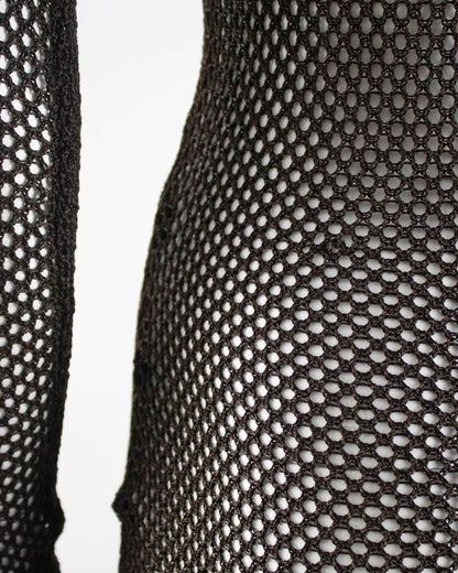 Vintage S/S 1994 Rifat Ozbek Brown Fishnet Dress Silk Maxi Slip Set / S-M