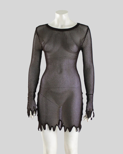 Vintage S/S 1994 Rifat Ozbek Brown Fishnet Dress Silk Maxi Slip Set / S-M