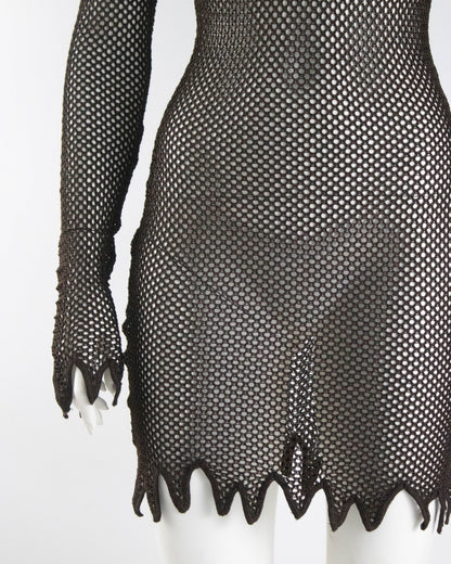 Vintage S/S 1994 Rifat Ozbek Brown Fishnet Dress Silk Maxi Slip Set / S-M