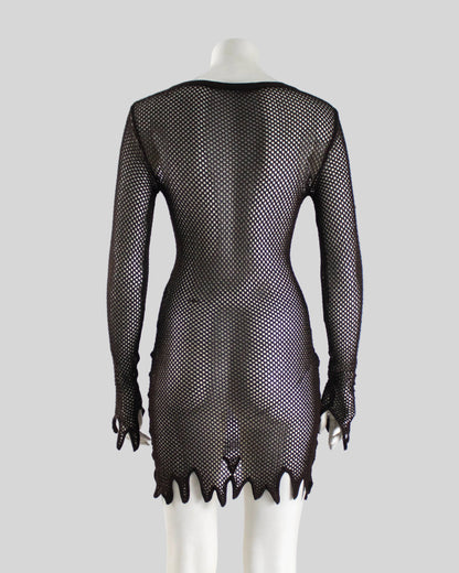 Vintage S/S 1994 Rifat Ozbek Brown Fishnet Dress Silk Maxi Slip Set / S-M