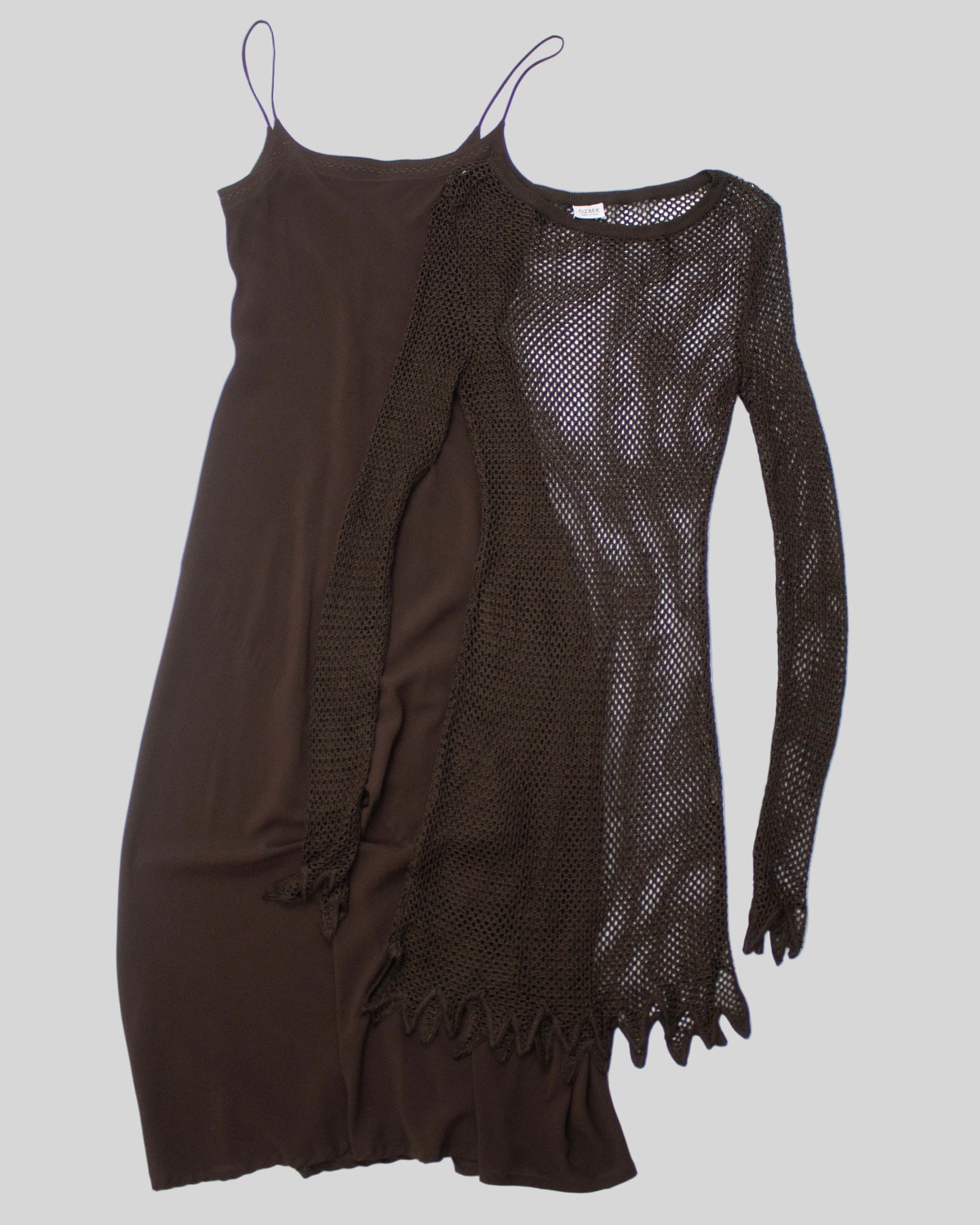 Vintage S/S 1994 Rifat Ozbek Brown Fishnet Dress Silk Maxi Slip Set / S-M