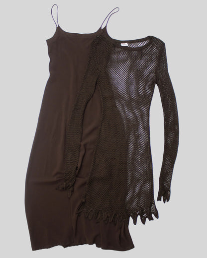 Vintage S/S 1994 Rifat Ozbek Brown Fishnet Dress Silk Maxi Slip Set / S-M