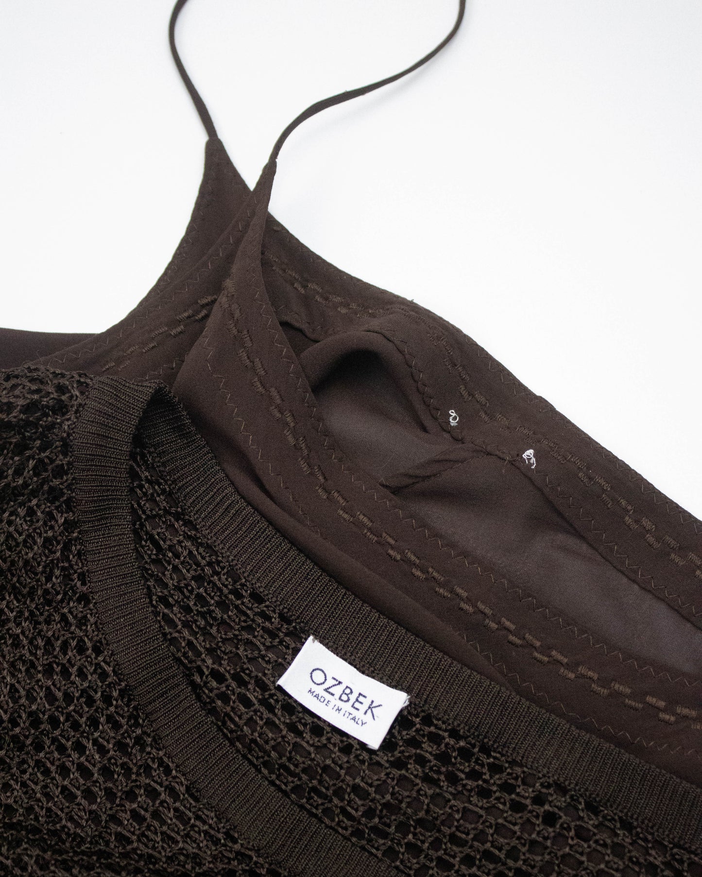 Vintage S/S 1994 Rifat Ozbek Brown Fishnet Dress Silk Maxi Slip Set / S-M