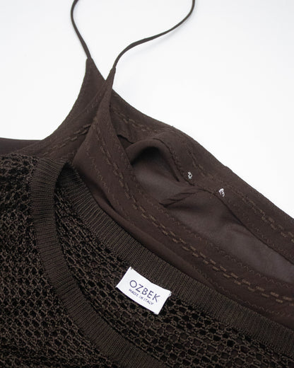 Vintage S/S 1994 Rifat Ozbek Brown Fishnet Dress Silk Maxi Slip Set / S-M