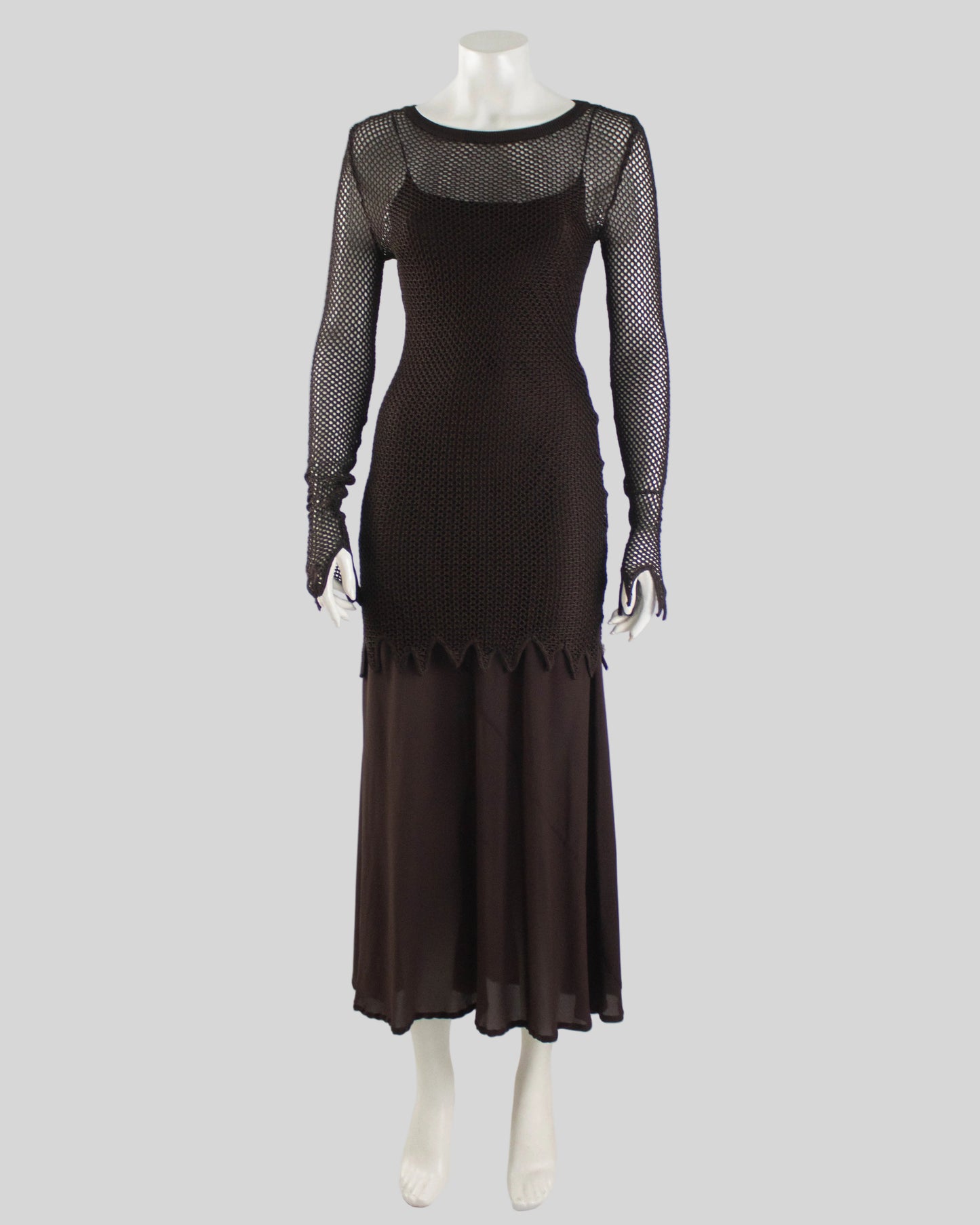 Vintage S/S 1994 Rifat Ozbek Brown Fishnet Dress Silk Maxi Slip Set / S-M