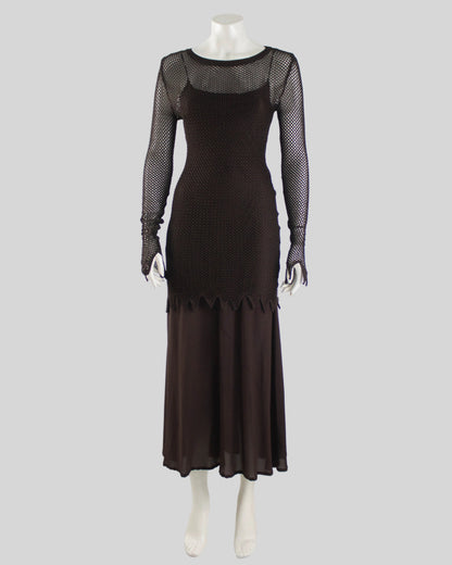 Vintage S/S 1994 Rifat Ozbek Brown Fishnet Dress Silk Maxi Slip Set / S-M