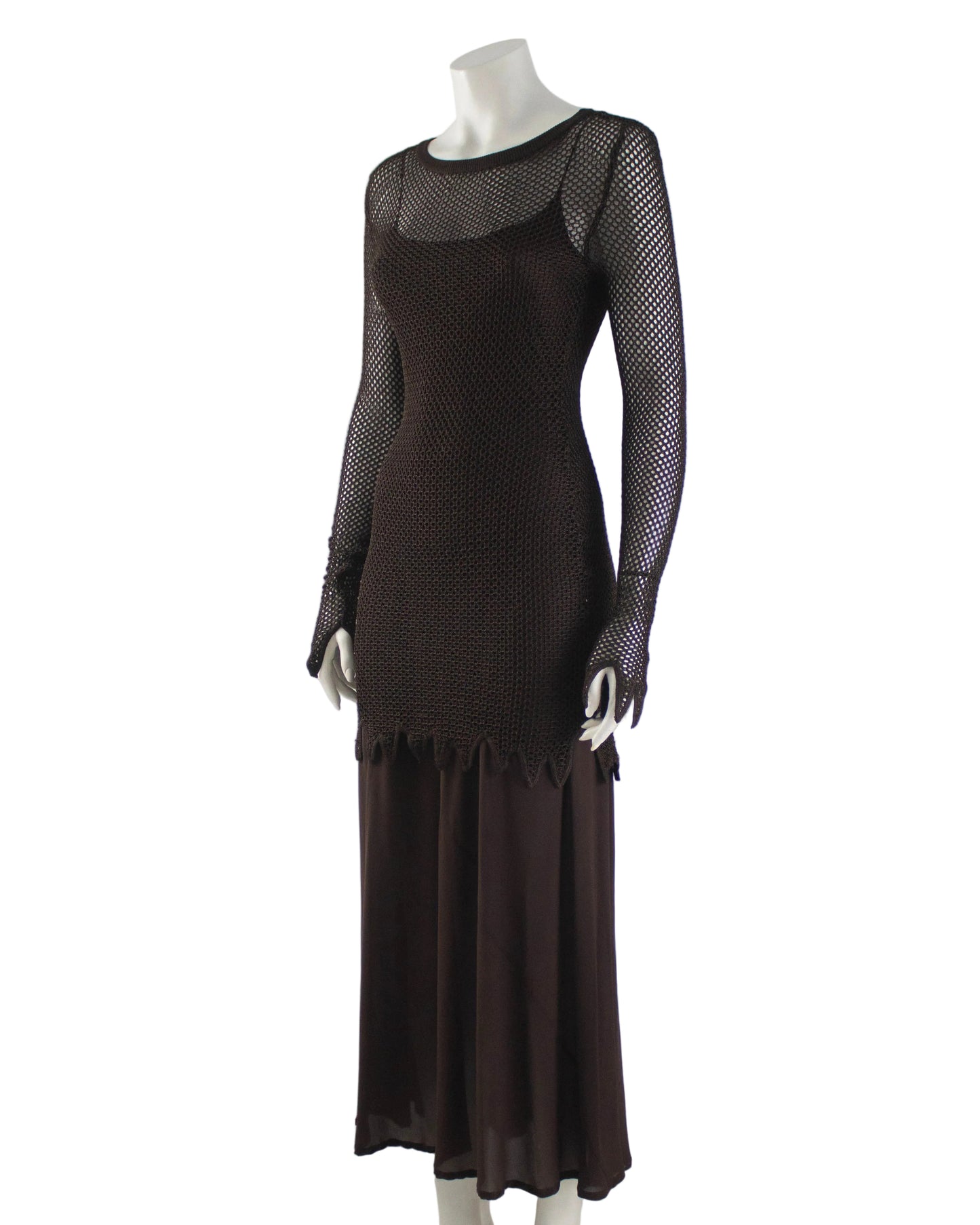 Vintage S/S 1994 Rifat Ozbek Brown Fishnet Dress Silk Maxi Slip Set / S-M