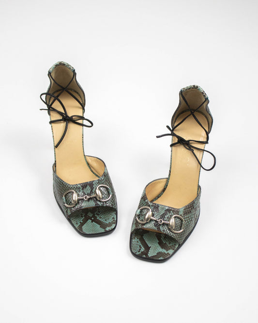 Vintage S/S 1996 Gucci Snakeskin Print Ankle Wrap Sandals / 37 (US 7)