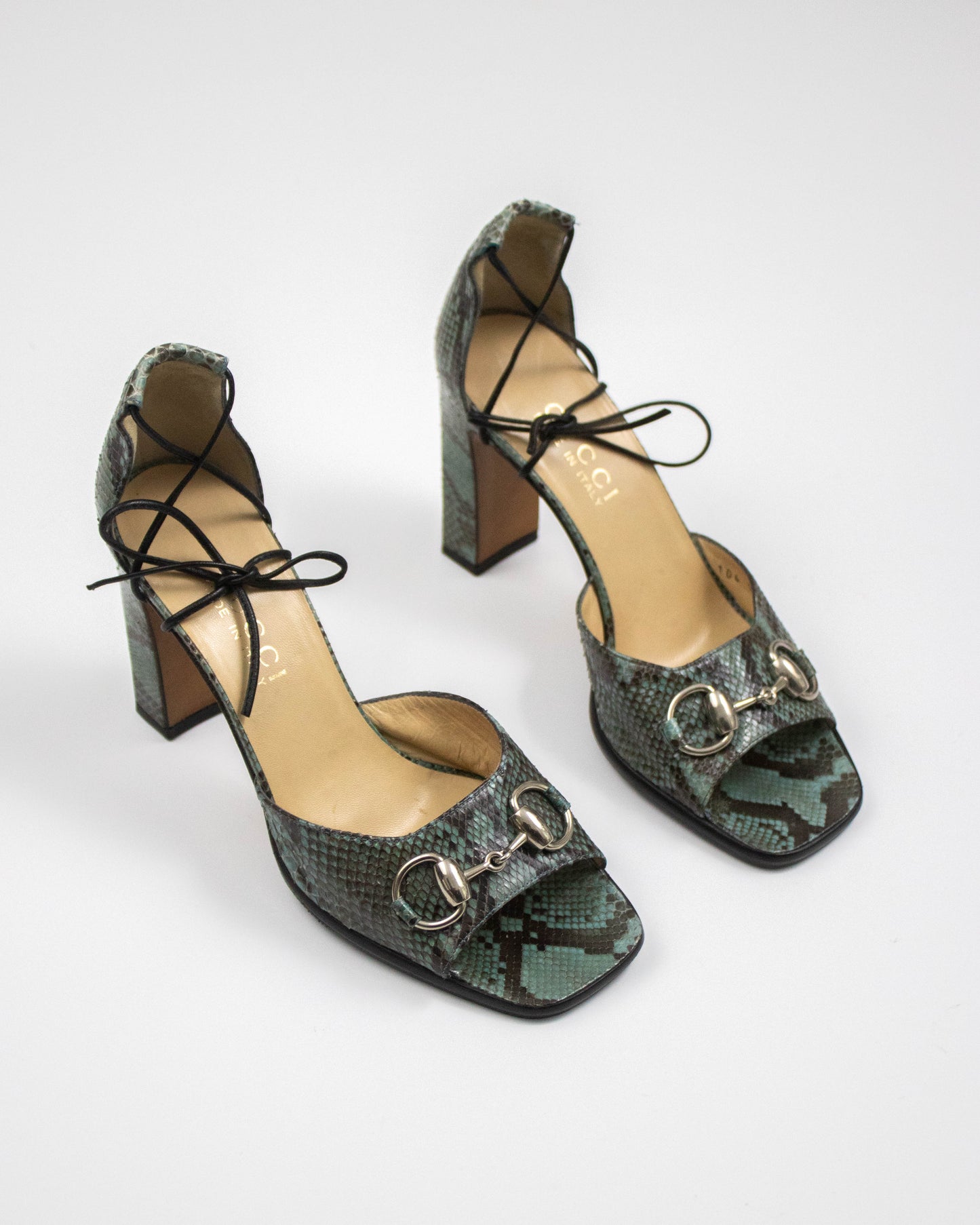 Vintage S/S 1996 Gucci Snakeskin Print Ankle Wrap Sandals / 37 (US 7)