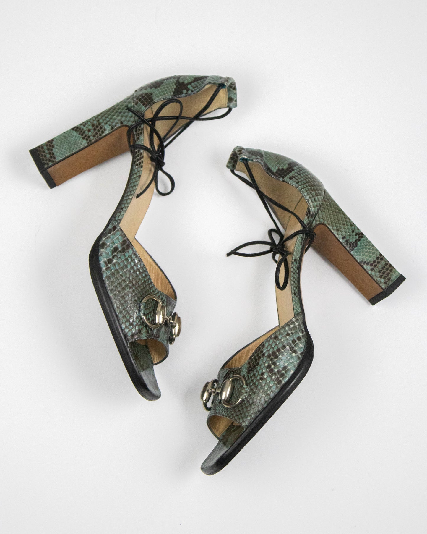 Vintage S/S 1996 Gucci Snakeskin Print Ankle Wrap Sandals / 37 (US 7)