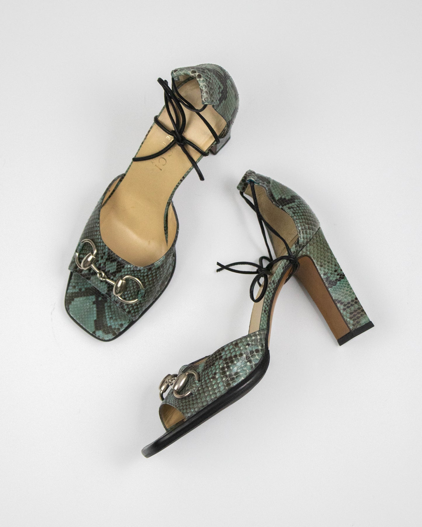 Vintage S/S 1996 Gucci Snakeskin Print Ankle Wrap Sandals / 37 (US 7)