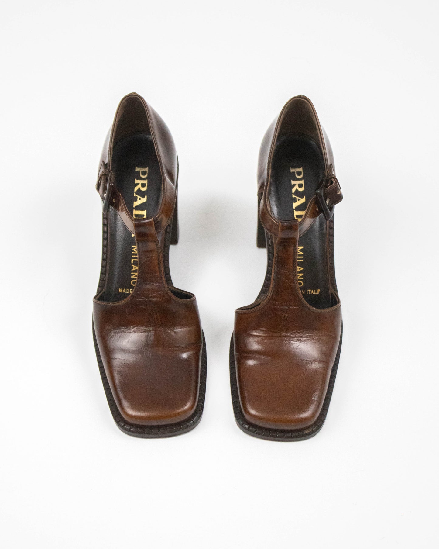 Vintage S/S 1996 Prada Brown T-Strap Mary Jane Runway Pumps / 36.5 (US 6.5)