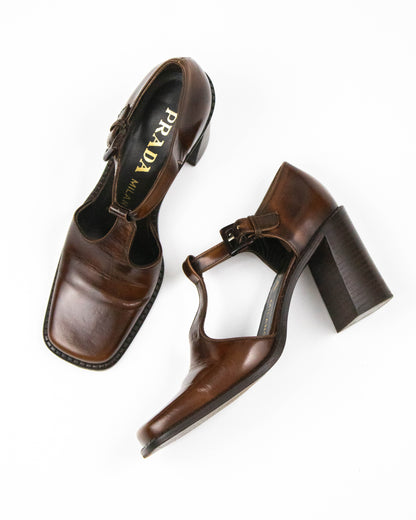 Vintage S/S 1996 Prada Brown T-Strap Mary Jane Runway Pumps / 36.5 (US 6.5)