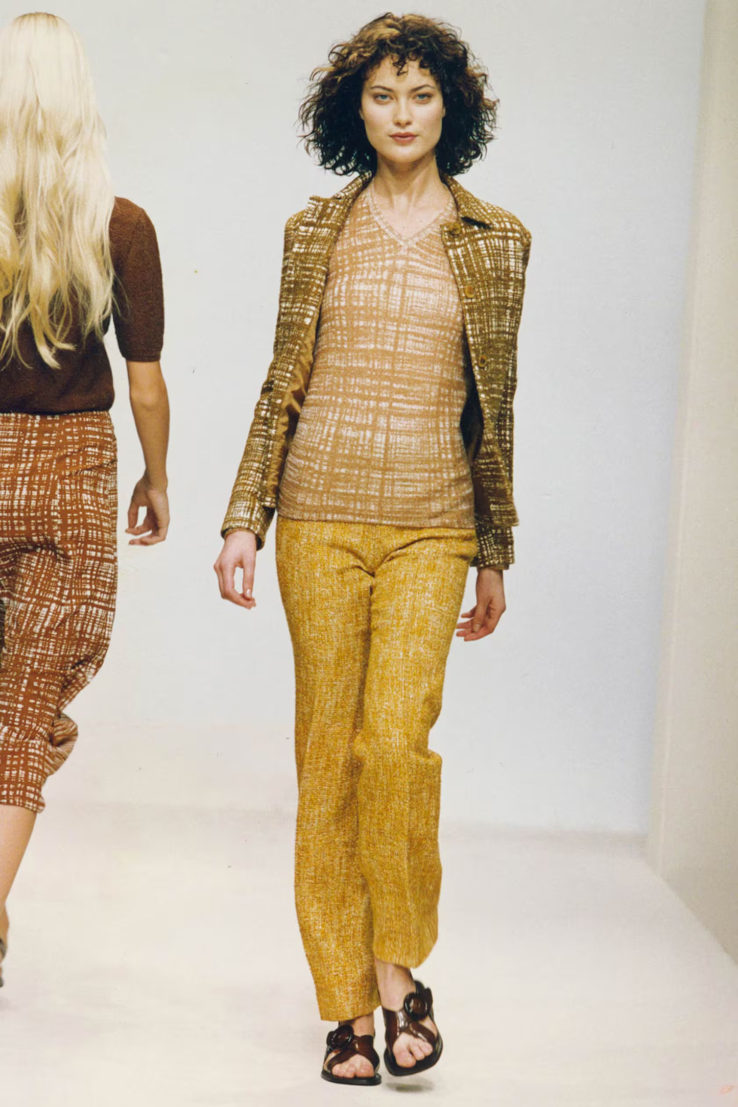 Prada S/S 1996 tweed print sweater, worn by model Shalon Harlow on the runway 