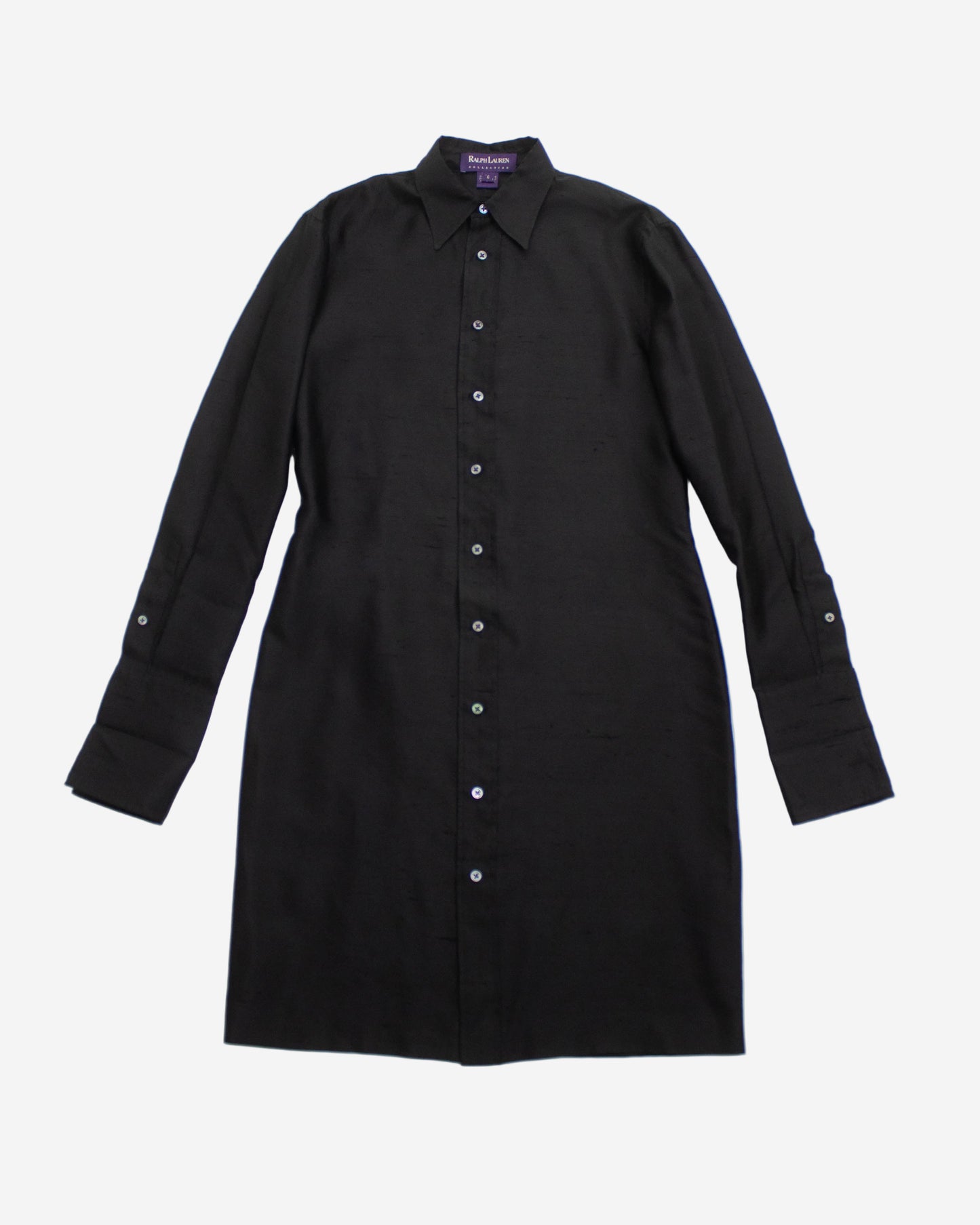 Vintage S/S 1996 Ralph Lauren Collection Black Raw Silk Shirt Dress / S