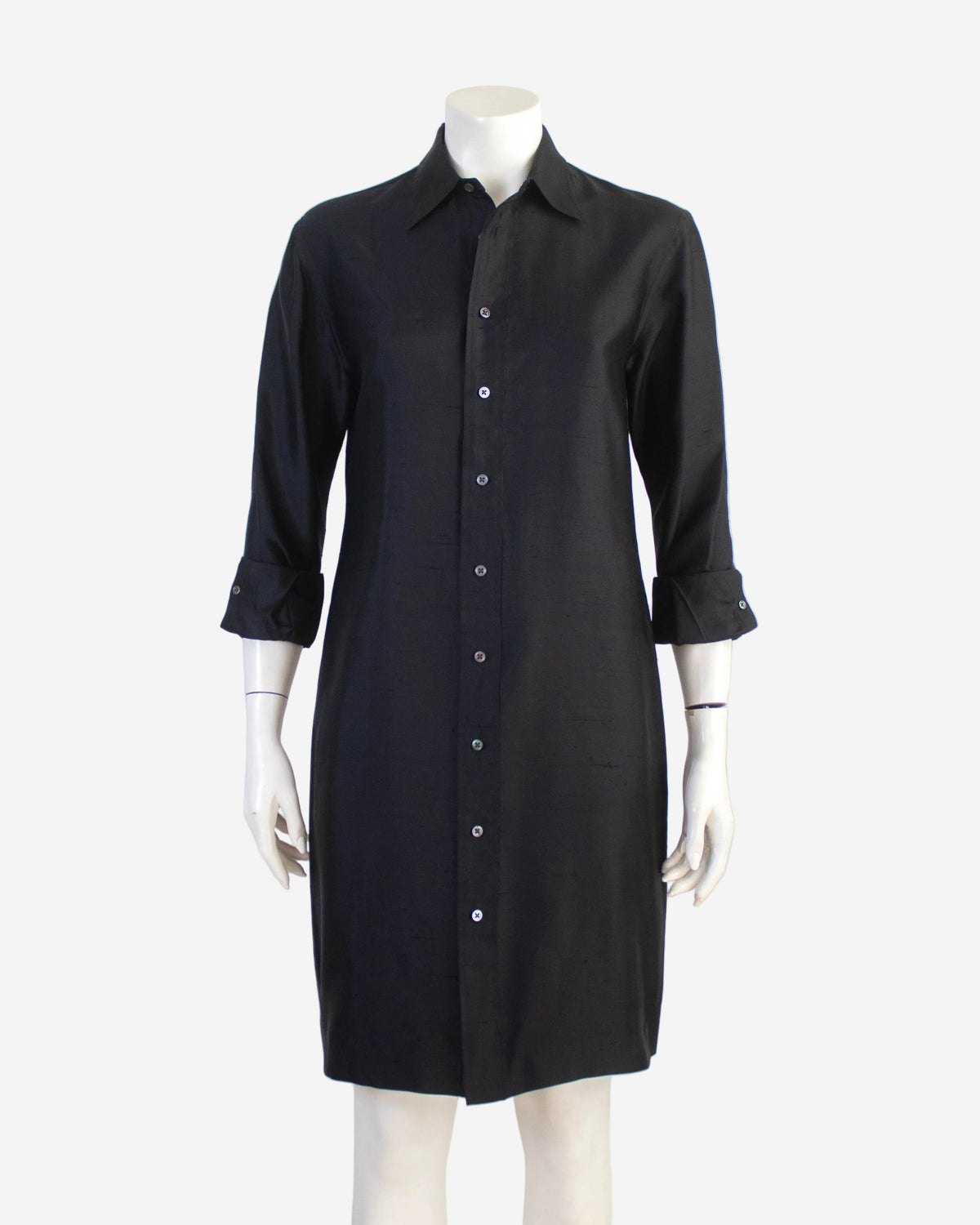 Vintage S/S 1996 Ralph Lauren Collection Black Raw Silk Shirt Dress / S