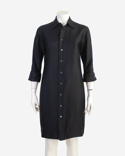 Vintage S/S 1996 Ralph Lauren Collection Black Raw Silk Shirt Dress / S