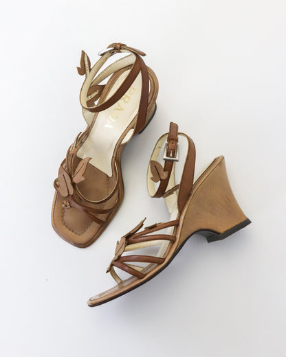 Vintage S/S 1997 Prada Beige Floral Vine Leaf Applique Wedge Sandals / 35 (US 5)
