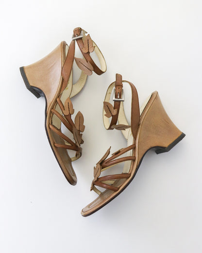 Vintage S/S 1997 Prada Beige Floral Vine Leaf Applique Wedge Sandals / 35 (US 5)