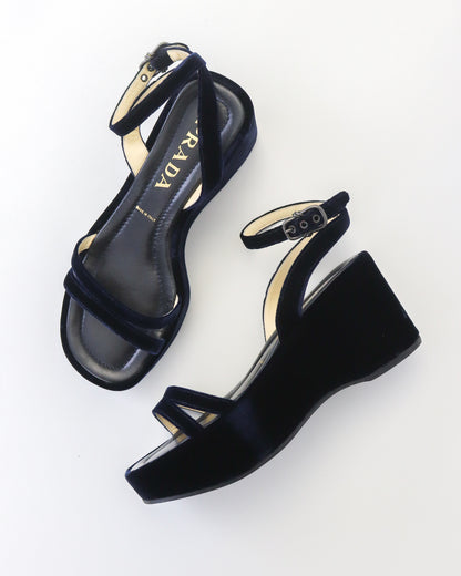 Vintage S/S 1997 Prada Blue Velvet Platform Wedge Runway Sandals / 36.5 (US 6.5)
