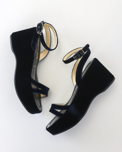 Vintage S/S 1997 Prada Blue Velvet Platform Wedge Runway Sandals / 36.5 (US 6.5)