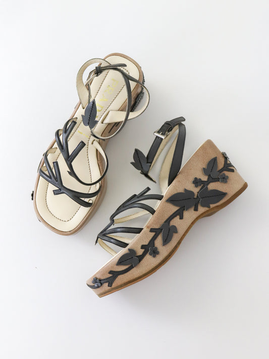 Vintage S/S 1997 Prada Floral Vine Leaf Applique Runway Wedge Sandals / 36 (US 6)