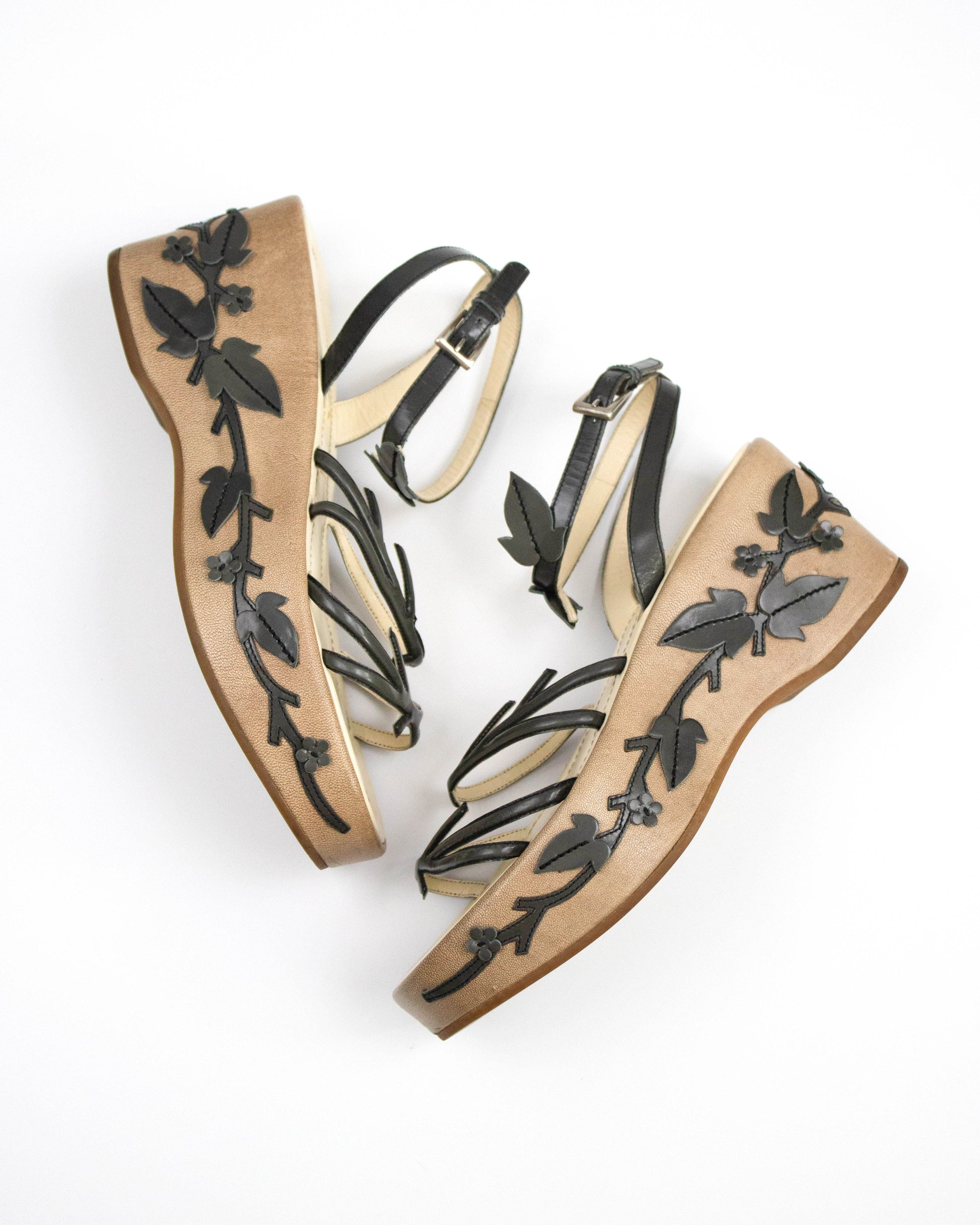 Vintage S/S 1997 Prada Gray Floral Vine Leaf Applique Runway Wedge Sandals side view