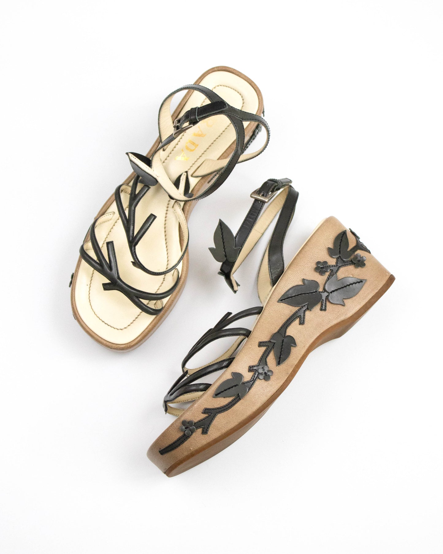 Vintage S/S 1997 Prada Gray Floral Vine Leaf Applique Runway Wedge Sandals top view