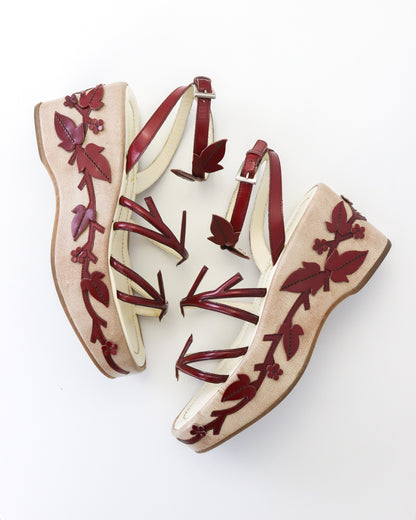 Vintage S/S 1997 Prada Red Floral Vine Leaf Applique Runway Wedge Sandals / 36 (US 6)